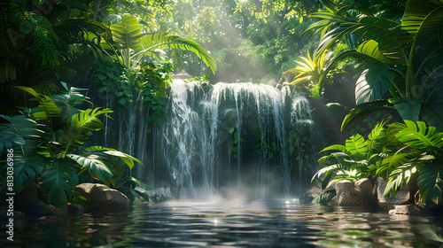 A hidden waterfall in the rainforest  where serenity meets lush tropical foliage   Photo realistic concept on Adobe Stock