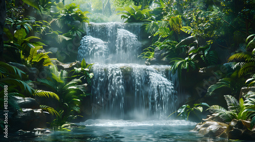 A Secluded Waterfall Cascading Through Lush Foliage: Serene Rainforest Escape © Gohgah