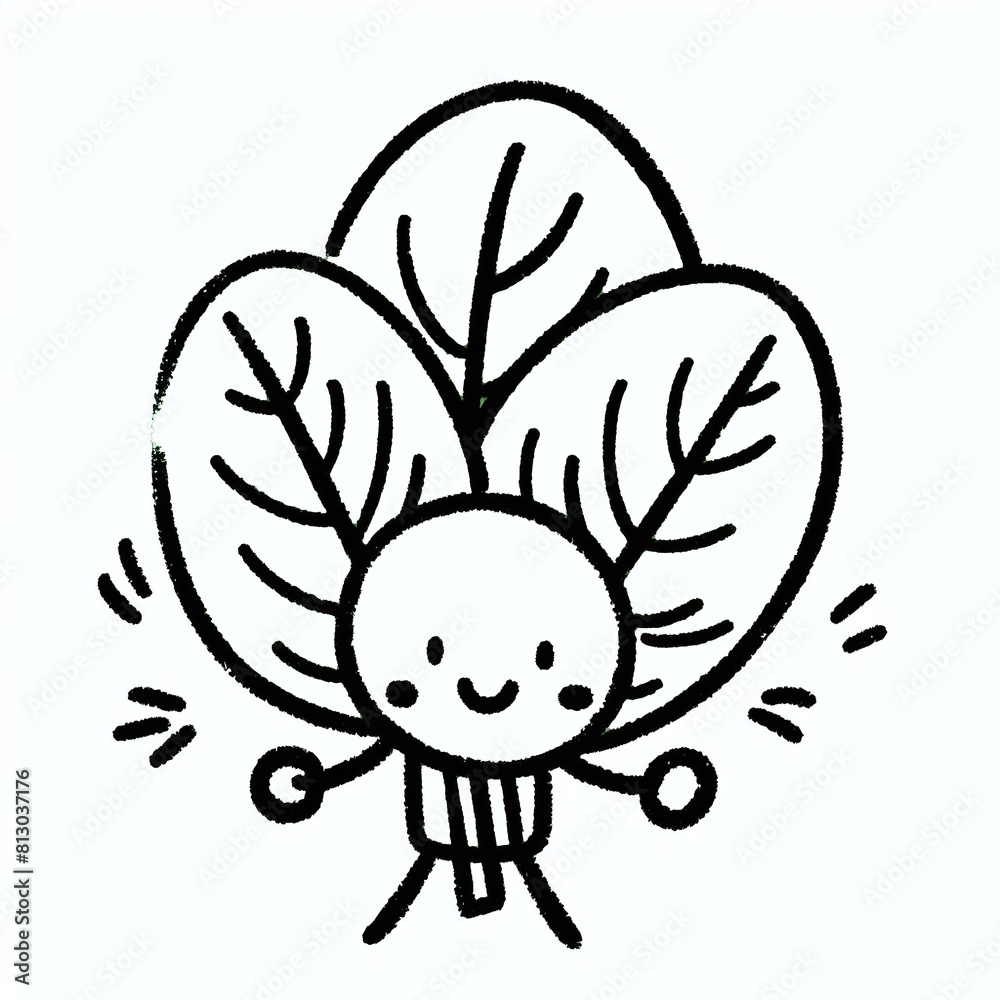 isolated simple outline drawing of a cartoon smiling spinach, on white background, blank for coloring isolated simple outline drawing of a cartoon smiling spinach, on white background, blank for coloring