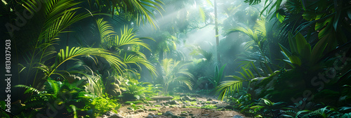 Exploring the Enchanting Wilderness: Adventurers Embark on a Jungle Trek Adventure through a Lush Rainforest Environment in this Photo Realistic Stock Image Concept.