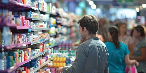 People shopping in a busy store hospital staff taking inventory in pharmacy. Concept Store Operations, Hospital Inventory Management