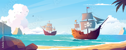Pirate ships in sea bay background banner in cartoon design. Tropical sand beach landscape with stones, palm trees, ocean coastline and corsair sailboats with skull sail. Vector cartoon illustration