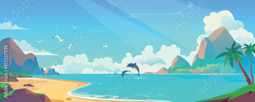 Sea beach background banner in cartoon design. Tropical sand lagoon landscape with palm trees  mountain rocks with day clouds  flying seagulls and jumping dolphins view. Vector cartoon illustration