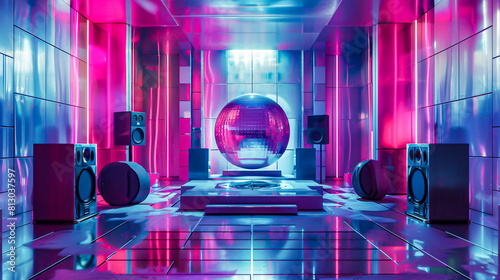 3D rendering of retro futuristic nightclub. Glowing neon lights, speakers and disco ball. Synthwave and retro futurism concept. photo