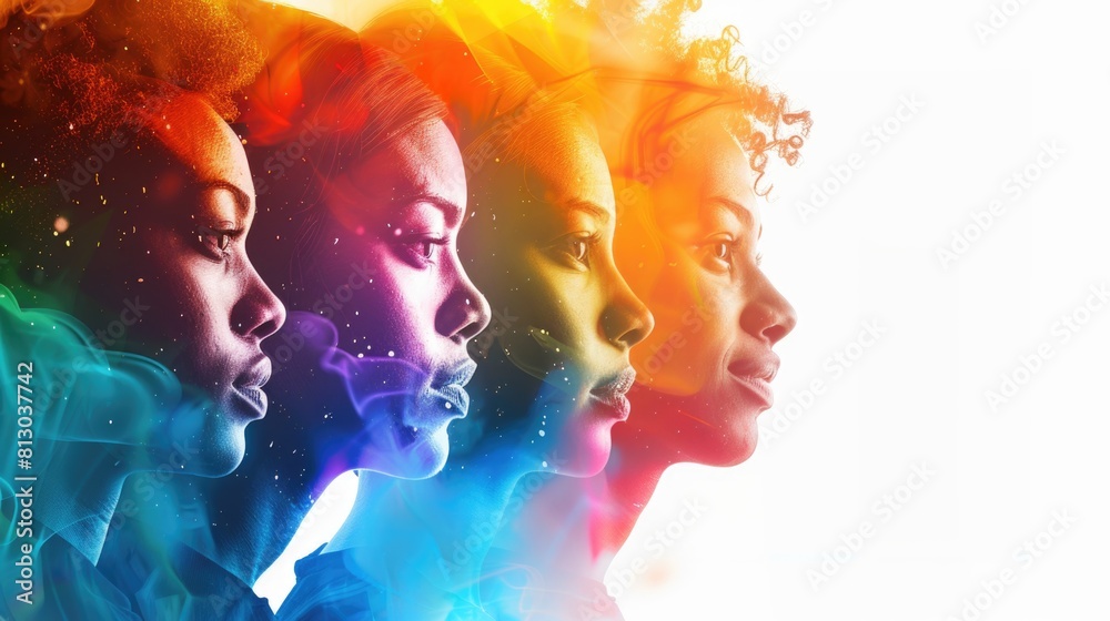 Diverse group of women standing in front of vibrant backdrop Diverse group of women standing in front of vibrant backdrop