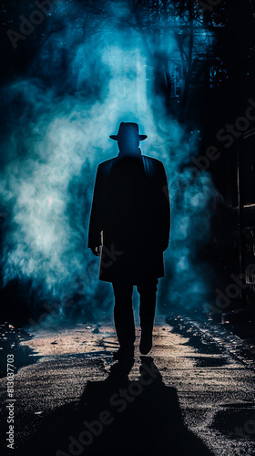 A mysterious man wearing a hat and coat walks through the fog.