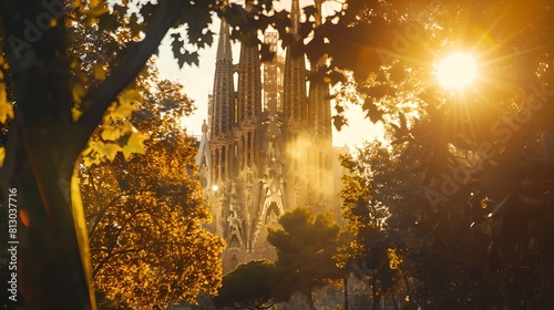 Majestic Gothic Cathedral amidst Autumn Foliage. Golden Hour Sun Rays. Tranquil city scene. Mystical atmosphere. Photography style. AI photo