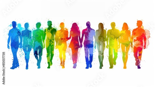 Various individuals of different ethnicities and genders standing in front of a white background