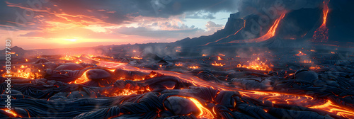 Sunrise Over Lava Fields: Vibrant Colors and Textures of Cooled Lava in Photo Realistic Concept