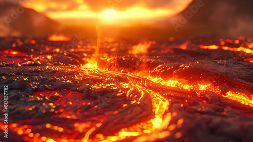 Vivid Sunrise over Lava Fields: Illustrating the Remarkable Textures and Colors of Cooled Lava in a Photorealistic Concept