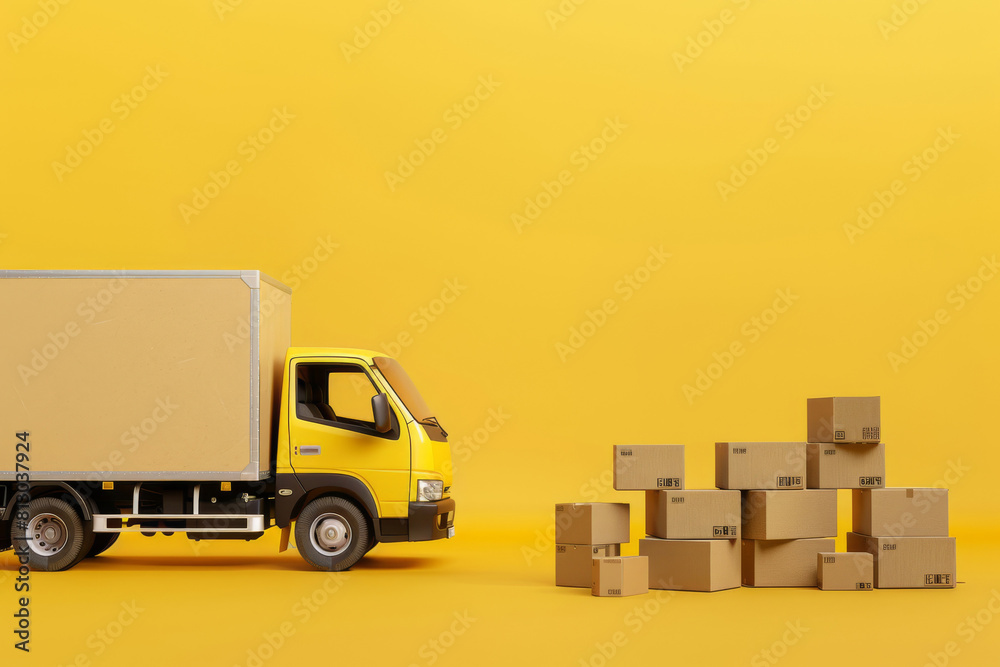 Yellow delivery truck parked beside piled cardboard boxes against a vibrant yellow background, depicting shipping and logistics concepts Yellow delivery truck parked beside piled cardboard boxes against a vibrant yellow background, depicting shipping and logistics concepts
