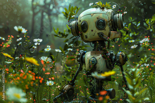 rusty robot stands in a magical overgrown garden