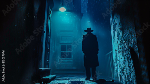 The dark figure of a man in a hat and coat walks down a blue-lit alleyway.