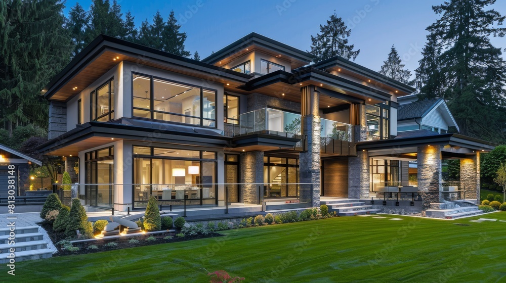 A stunning modern luxury home boasting expansive windows, and lush landscaping illuminated by outdoor lighting This image showcases contemporary architecture and outdoor living A stunning modern luxury home boasting expansive windows, and lush landscaping illuminated by outdoor lighting This image showcases contemporary architecture and outdoor living