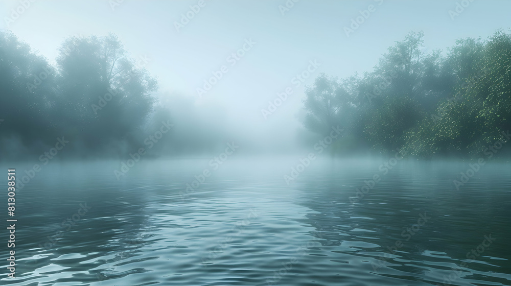 Misty Morning Tranquility: Serene Lake Landscape with Dreamlike Atmosphere for Peaceful Contemplation   Photo Stock Concept