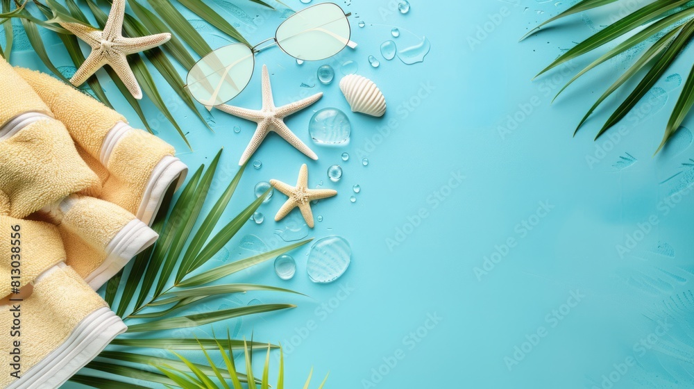 Summer vacation concept flat lay. beach accessories and towel top view. Space for text. travel concept. summer day Summer vacation concept flat lay. beach accessories and towel top view. Space for text. travel concept. summer day
