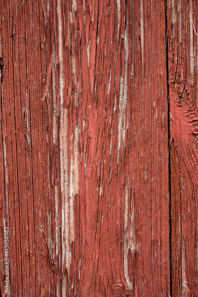 Naklejka premium Detail of old wooden wall covered with falling off red paint