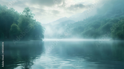 Photo realistic mist over serene lake creating dreamlike atmosphere for quiet contemplation in early morning