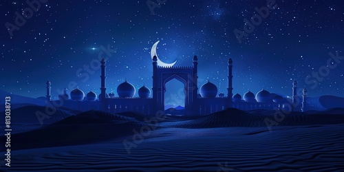 Serene night landscape with mosque silhouette under crescent moo photo