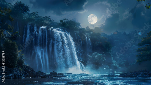 Moonlit Waterfall Romance  A romantic waterfall bathed in moonlight  its waters shimmering under the lunar glow   Photo Realistic Concept