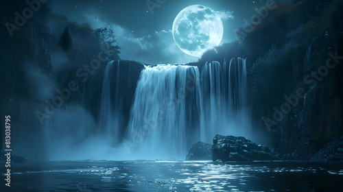 Enchanting Moonlit Waterfall Romance   A waterfall bathed in moonlight offering a romantic backdrop with shimmering waters under the gentle lunar glow