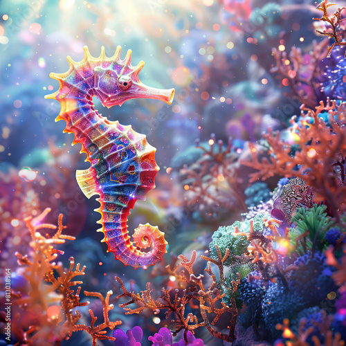 Colorful Seahorse, Coral, Beneath the waves, Exploring vibrant coral reef, Sunny, 3D render, Sunlight, Lens Flare © elbanco