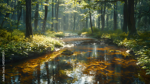 Serene Old Growth Forest Stream  A Photorealistic Capture of Nature s Unspoiled Beauty as a Meandering Stream Flows Through Lush Foliage in the Heart of the Forest   Photo Stock Co