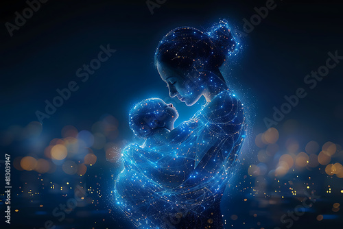 A pregnant woman cradles her newborn, symbolizing new life and preparation for childbirth. Illustrates pregnancy concept, baby-mother communication, and maternity care photo
