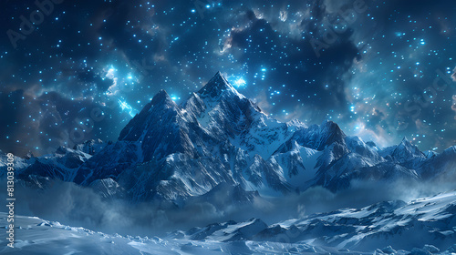 Snow Capped Mountains Under Starry Skies A Breathtaking Nocturnal Landscape where Snow Meets the Cosmos