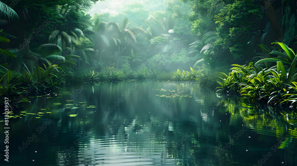 Enchanted Rainforest Lake Reflections: Serene Beauty of Nature Captured in a Tropical Oasis   Photo Realistic Image on Adobe Stock