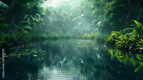 Enchanted Rainforest Lake Reflections  Serene Beauty of Nature Captured in a Tropical Oasis   Photo Realistic Image on Adobe Stock