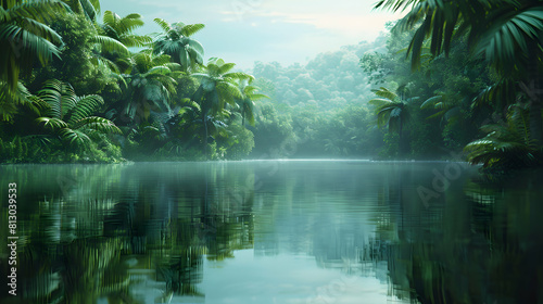 Serene Rainforest Lake Reflection  Lush Greenery Mirror in Tropical Oasis   Photo Realistic Image Stock Concept