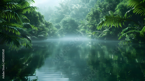 Serene Rainforest Lake Reflections: A Photorealistic Depiction of Lush Greenery Reflecting in a Tropical Oasis