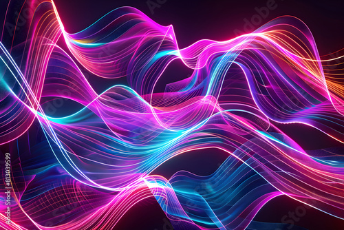 Luminous neon waves flowing in a futuristic and mesmerizing pattern. Abstract art on black background.