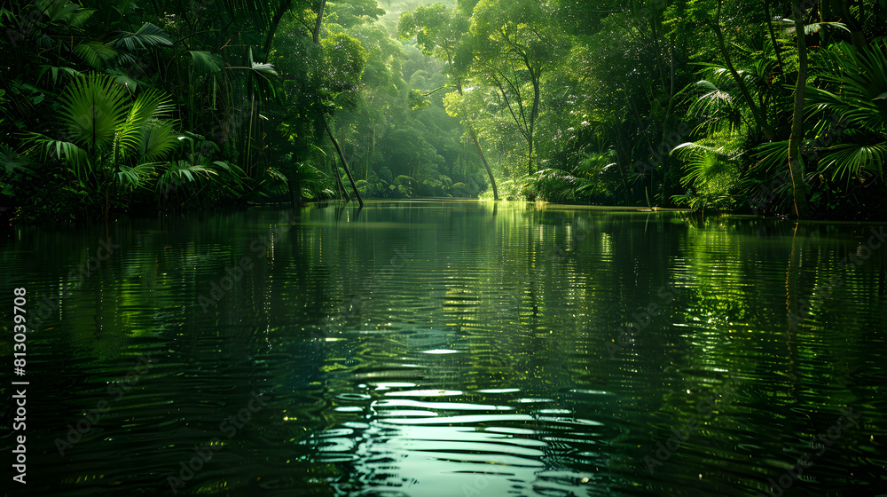 Tranquil Rainforest River Reflections: The Intricate Web of Life Reflected in Calm Waters, Photo Realistic Concept
