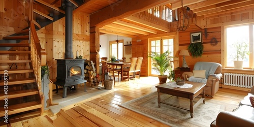 Cozy Country House Interior with Warm Wood Finishes, Chic Decor, and Family Hearth. Concept Country House Interior, Cozy Ambiance, Warm Wood Finishes, Chic Decor, Family Hearth