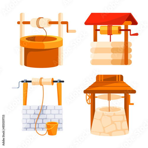 Water well set. Stone and wooden decorated peasant wells for water extraction