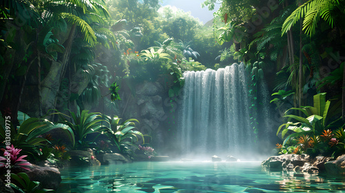 Hidden Tropical Rainforest Waterfall Oasis: A Photo Realistic Capture of a Stunning Waterfall Amid Lush Vegetation Photo Stock Concept