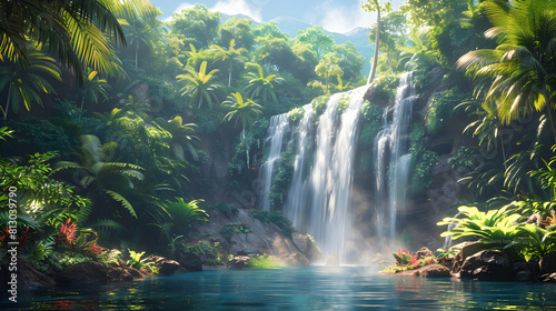 Serene Rainforest Waterfall Oasis: A hidden gem in the lush tropical jungle with a mesmerizing waterfall   Photo Realistic Concept © Gohgah