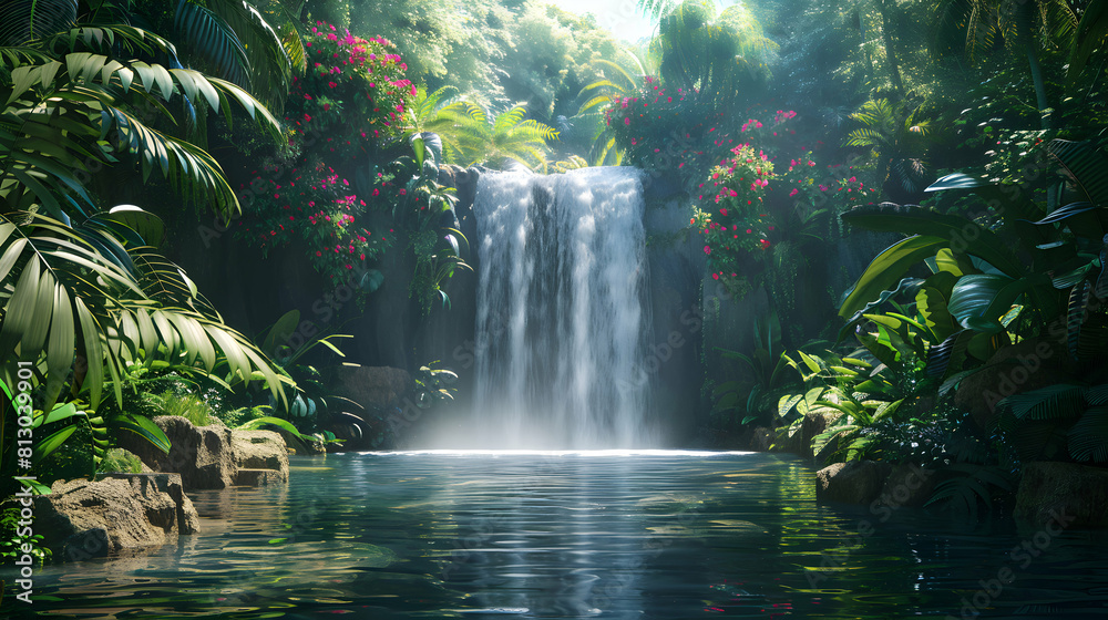 Serene Rainforest Waterfall Oasis: A hidden tropical paradise with vibrant lush greenery and a stunning cascading waterfall captured in photorealistic detail