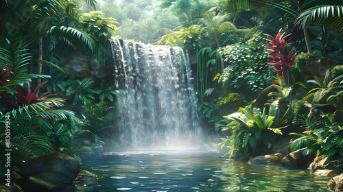 Hidden Oasis in Tropical Rainforest with Stunning Waterfall and Lush Greenery   Photo Realistic Rainforest Waterfall Oasis Concept