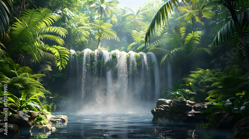 Hidden Oasis in Tropical Rainforest  Waterfall Wonderland Amid Lush Vegetation   Photo Realistic Exotic Nature Concept