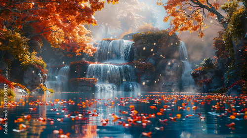 Tranquil Waterfall in Autumn Forest  A Serene Scene of Autumn Colors Reflecting Peaceful Change  Photo Realistic Concept on Adobe Stock