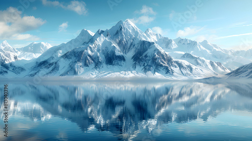 Tranquil Waters Reflecting Majestic Snow Capped Mountains: Perfect Symmetry in Nature   Photo Realistic Concept © Gohgah