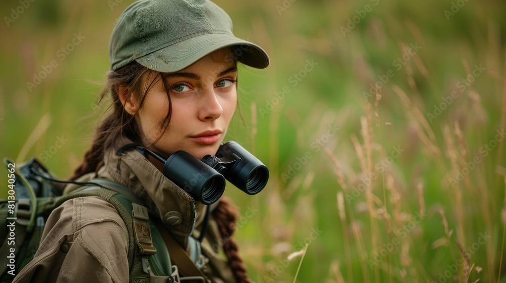 The close up picture of the caucasian or eastern european female is working as environment consultant with binocular, the environment consultant require skills environmental science knowledge. AIG43.