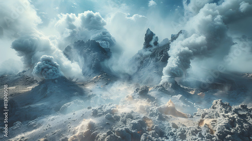 Sulfur Vents in Volcanic Terrain: Geothermal Activity Unleashed   Stunning Photo Realism of Steam and Gases Emanating from Volcanic Landscape in this Dynamic Adobe Stock Concept photo