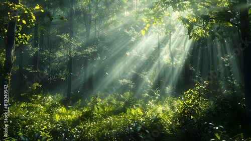 Enchanting Sunbeams  Dramatic Light in Lush Woods   Photo Realistic Image of Sun Piercing Dense Foliage  Old Growth Forest Landscape   Adobe Stock Concept