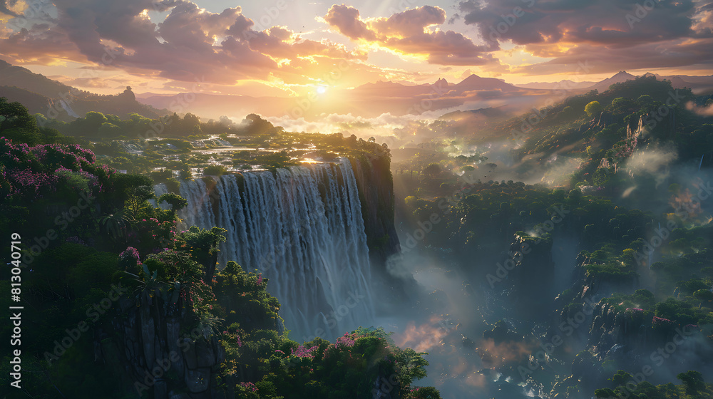 Photo realistic sunrise over waterfall valley   First light of dawn illuminates vibrant energy in sprawling landscape. 190 characters