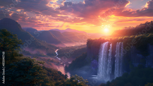 Vibrant Energy: Photo realistic Sunrise Over Waterfall Valley at Dawn in a Refreshing Waterfall Landscape