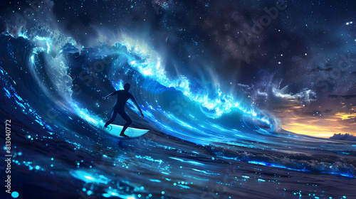 Enchanting Image of Surfers Riding Bioluminescent Waves under Starlit Skies in a Surreal Ocean Scene Photo Stock Concept